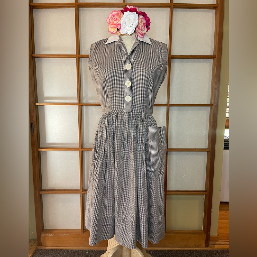 Classic Vintage Shirtwaist Dress Dark Chocolate Gingham 🍫👗Large Buttons